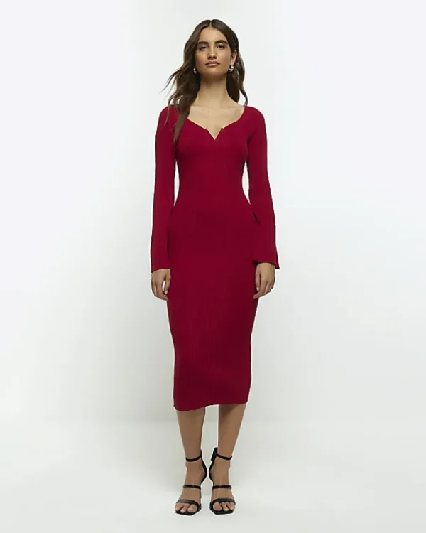 Red rib long sleeve bodycon midi dress