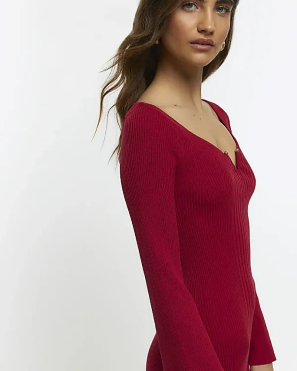 Red rib long sleeve bodycon midi dress