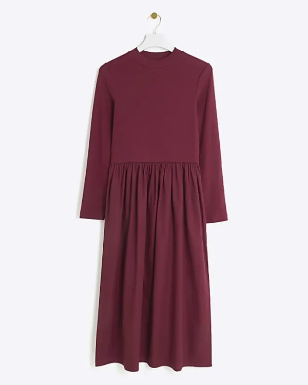 Red rib long sleeve smock midi dress