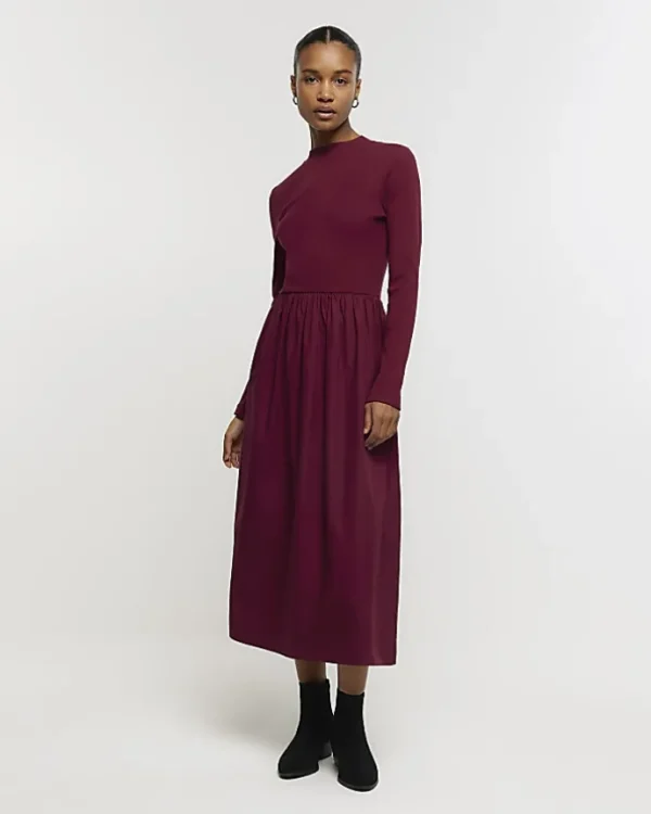 Red rib long sleeve smock midi dress