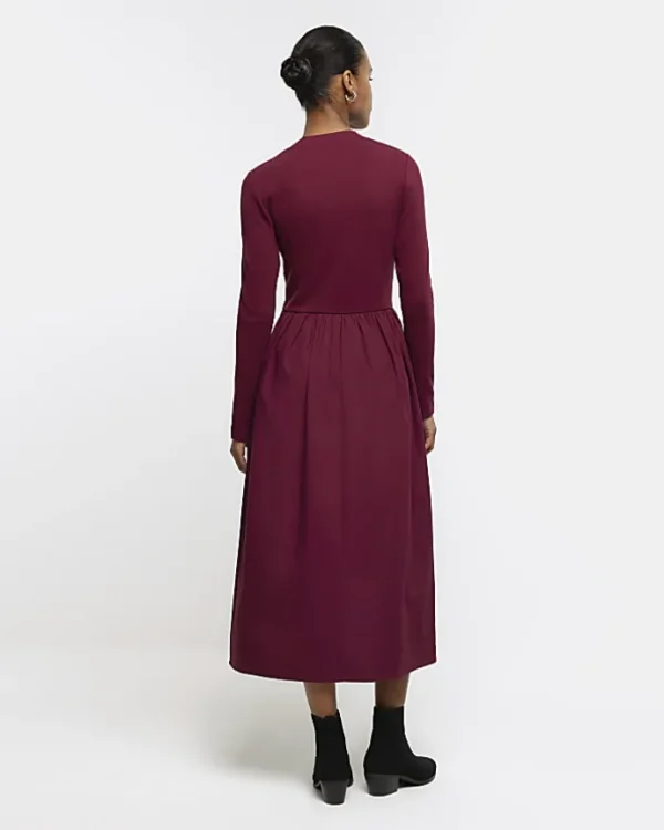 Red rib long sleeve smock midi dress