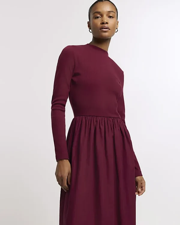 Red rib long sleeve smock midi dress