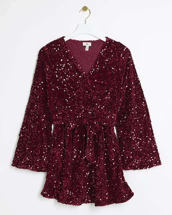 Red sequin tie waist shift mini dress