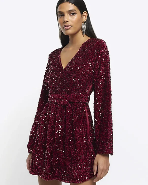 Red sequin tie waist shift mini dress