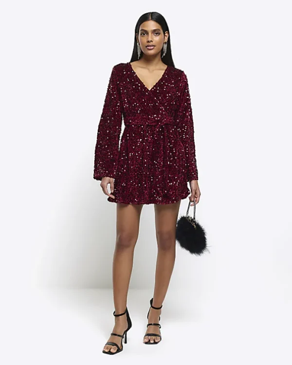 Red sequin tie waist shift mini dress