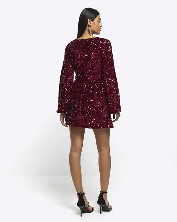 Red sequin tie waist shift mini dress