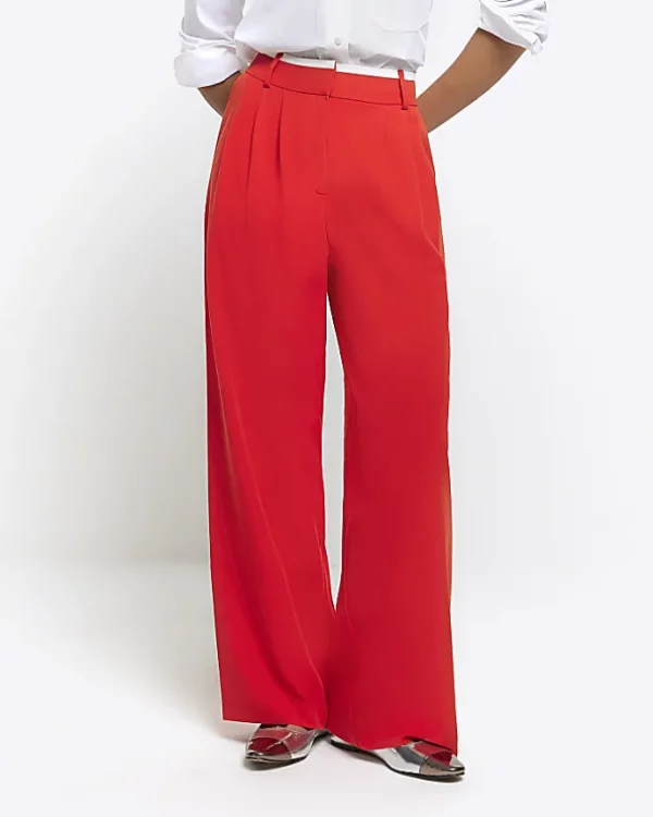 Red side stripe wide leg trousers