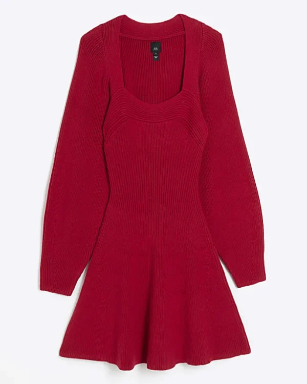 Red square neck jumper mini dress