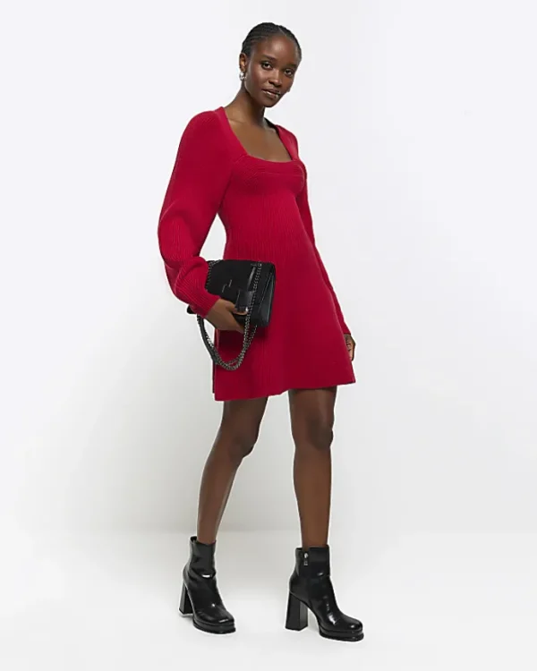 Red square neck jumper mini dress