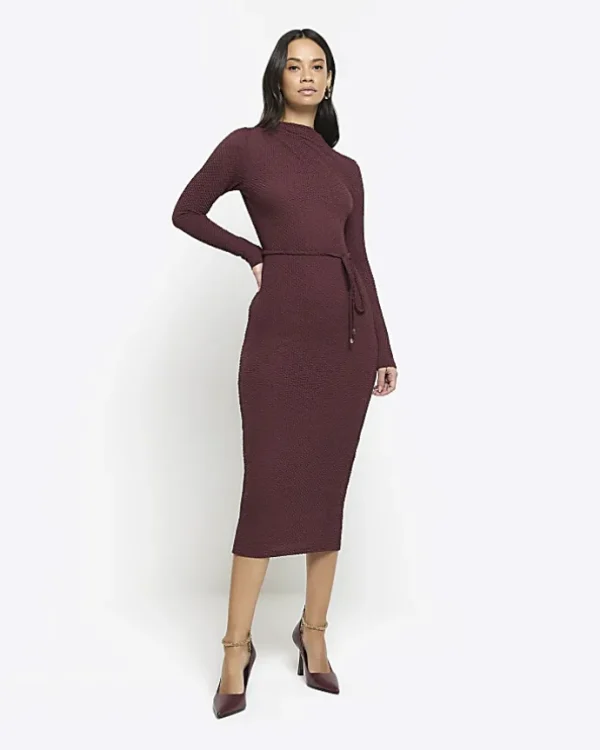 Red textured belted bodycon midi dress