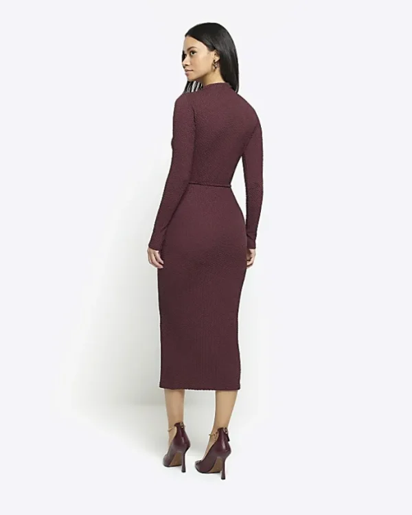 Red textured belted bodycon midi dress