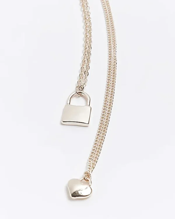 Rose gold heart and lock multirow necklace