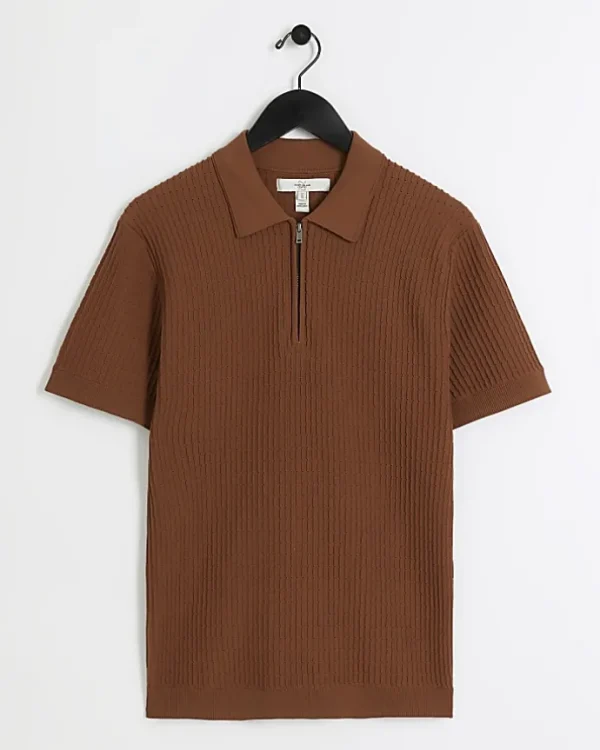 Rust muscle fit knitted half zip polo