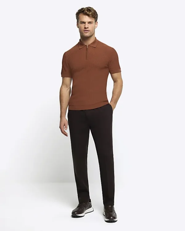 Rust muscle fit knitted half zip polo