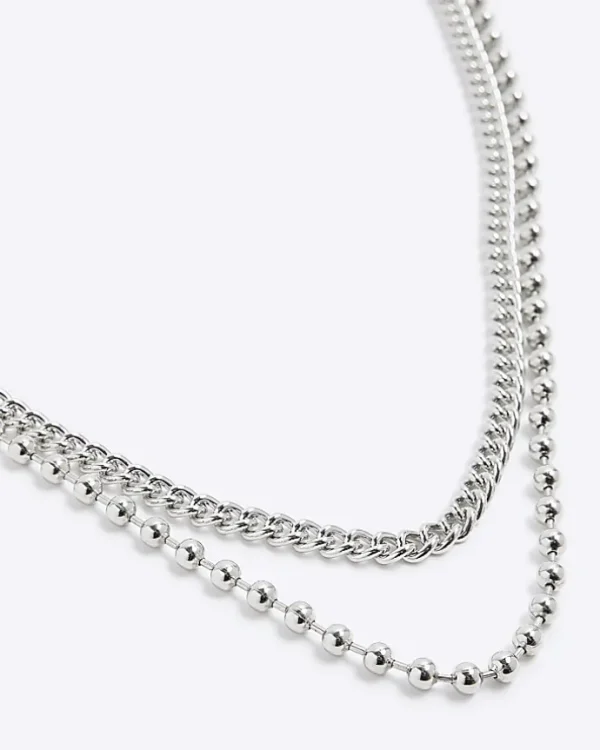 Silver ball chain multirow necklace