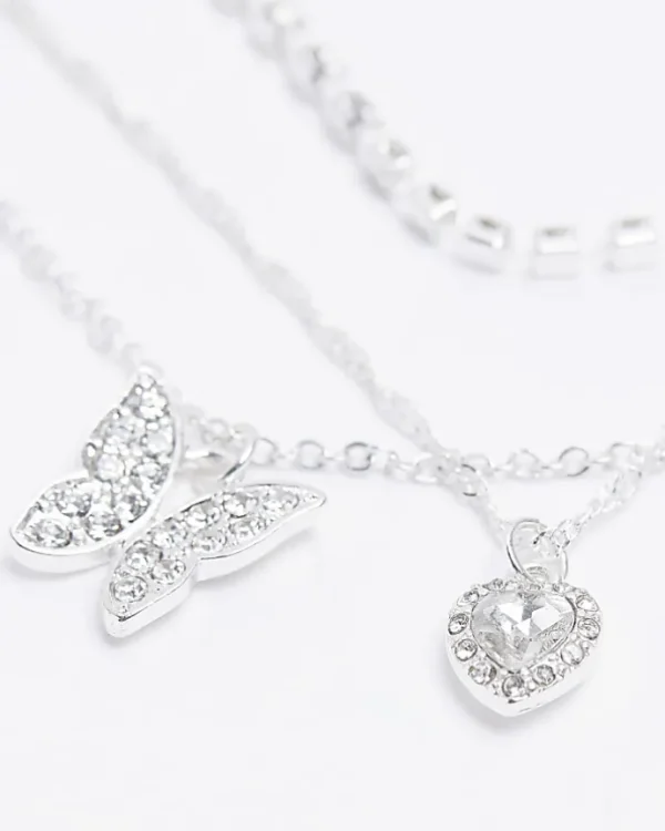 Silver butterfly heart layered necklace