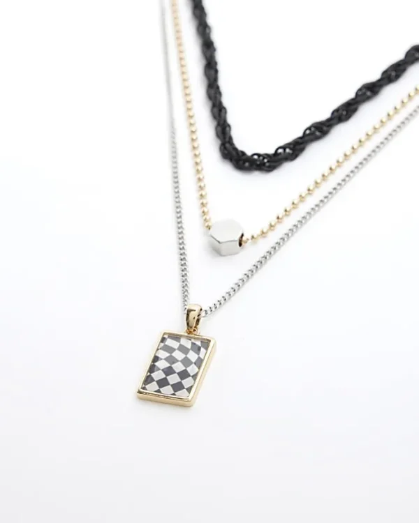 Silver colour checkerboard multirow necklace