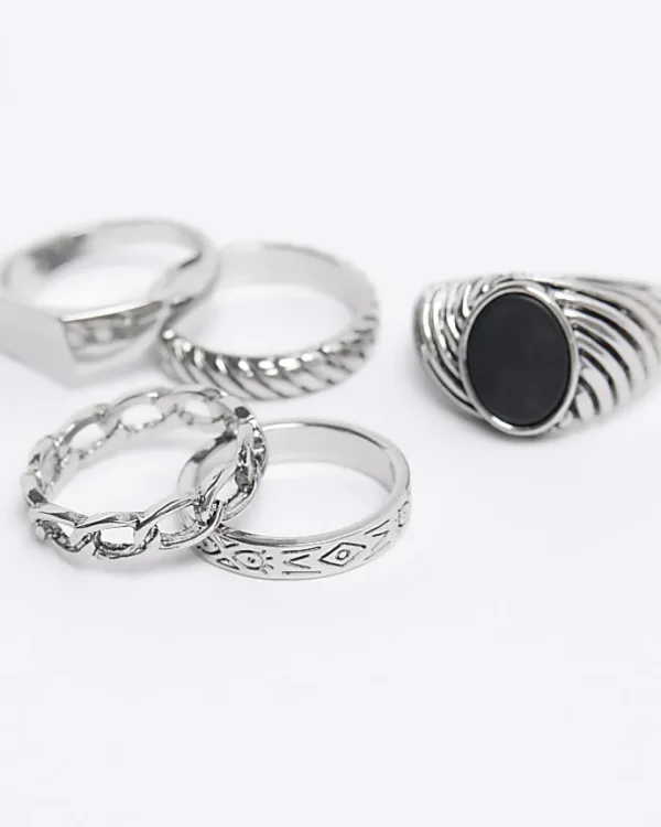 Silver colour stone textured ring multipack