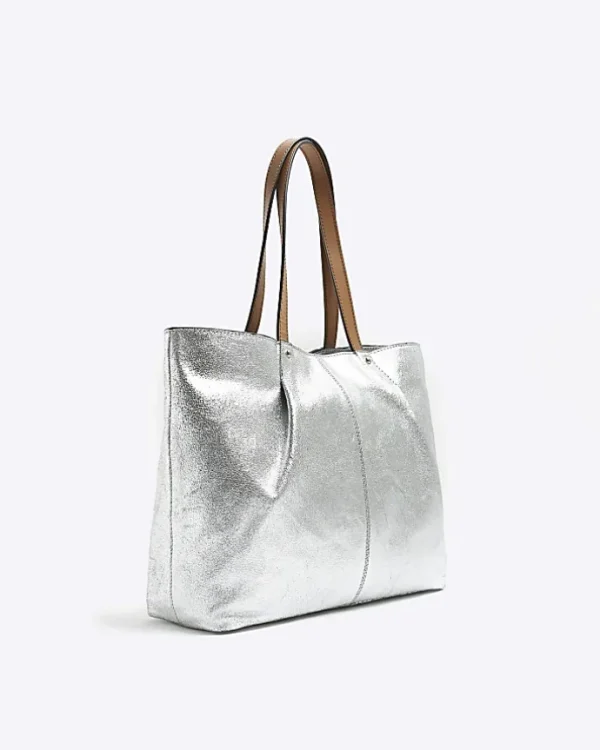 Silver leather metallic shopper bag