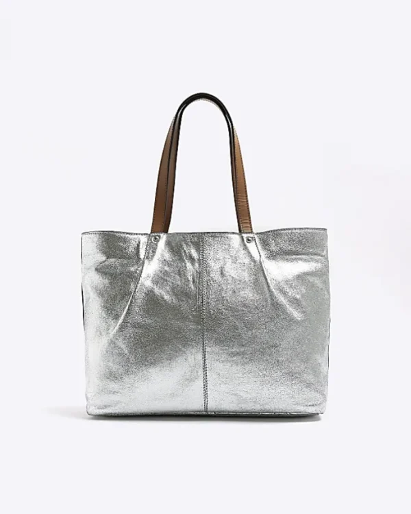 Silver leather metallic shopper bag