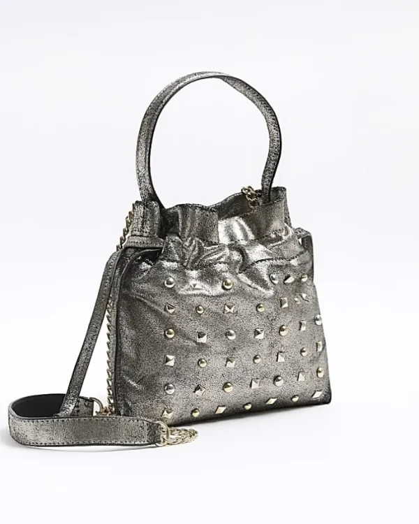 Silver leather studded cross body bag