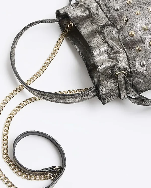 Silver leather studded cross body bag