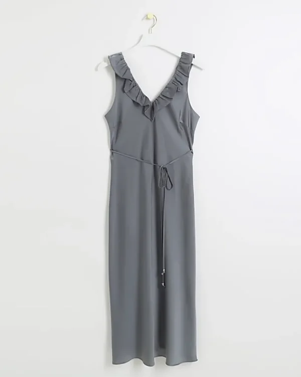 Silver satin frill trim slip midi dress