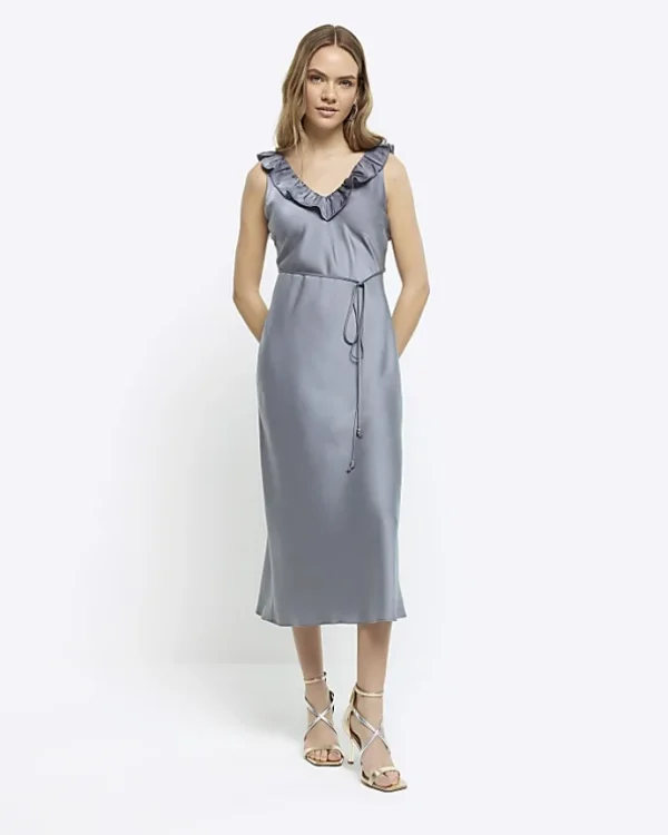 Silver satin frill trim slip midi dress