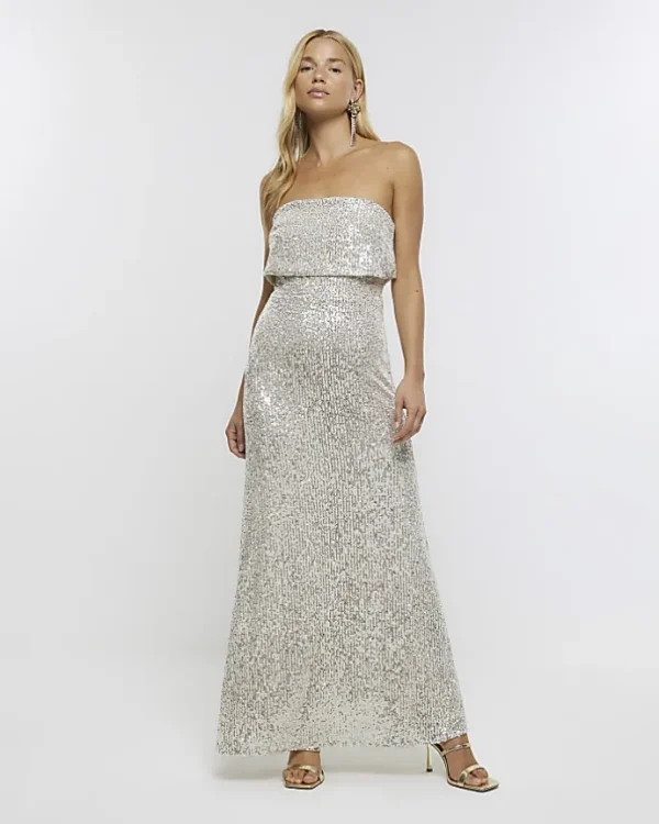 Silver sequin bandeau maxi dress