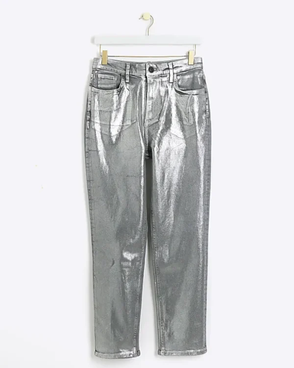 Silver slim straight coated jeans