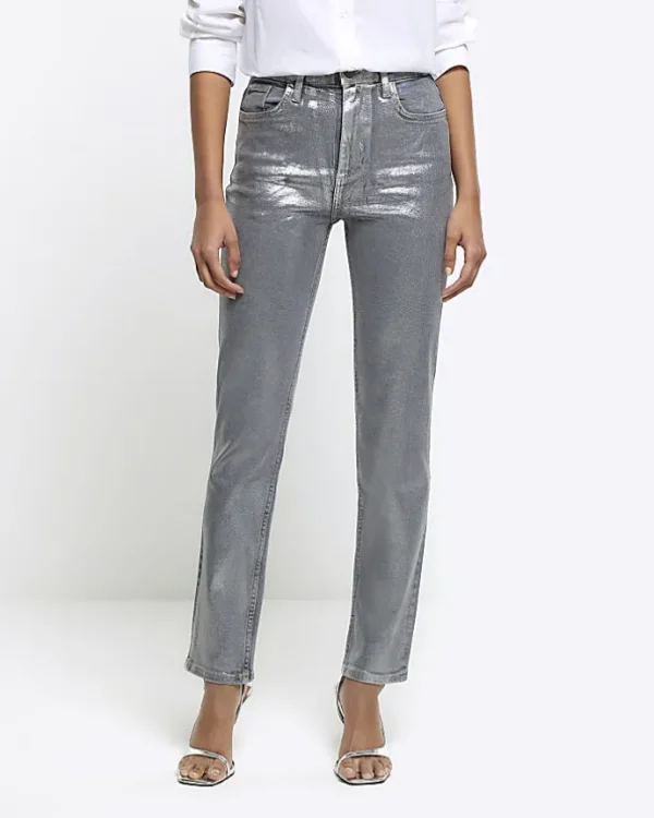 Silver slim straight coated jeans