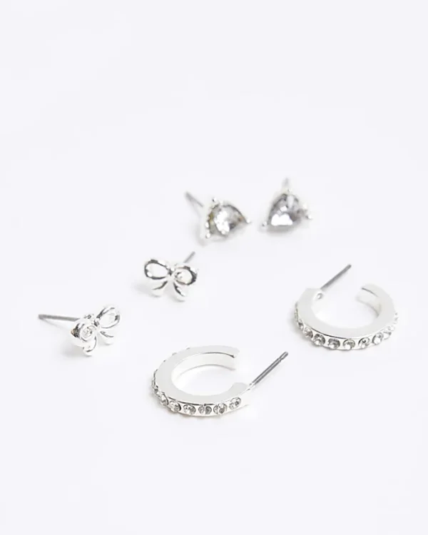 Silver stud and hoop earrings 9 pack