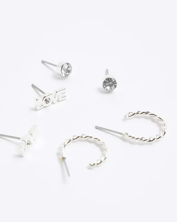 Silver stud and hoop earrings 9 pack