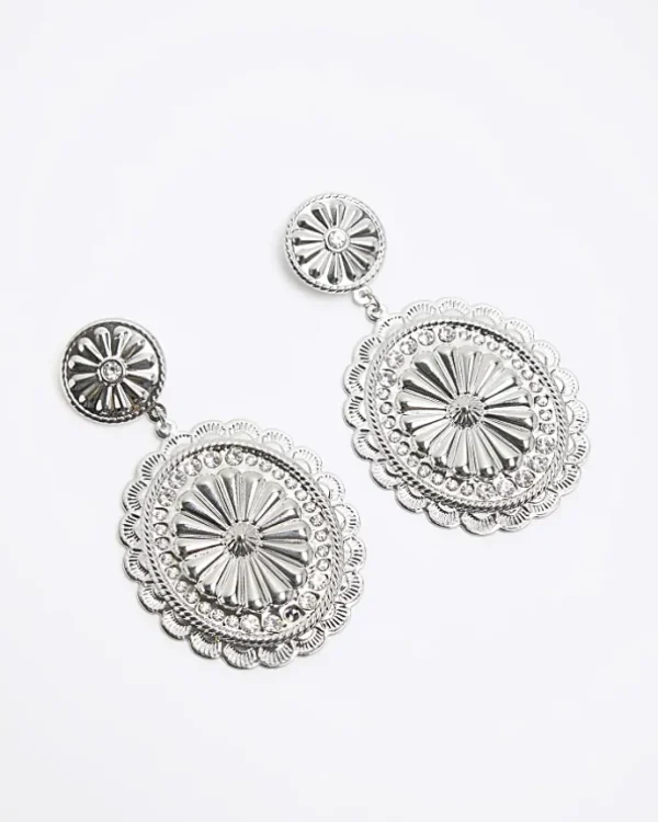 Silver Textured Disc Drop Earrings