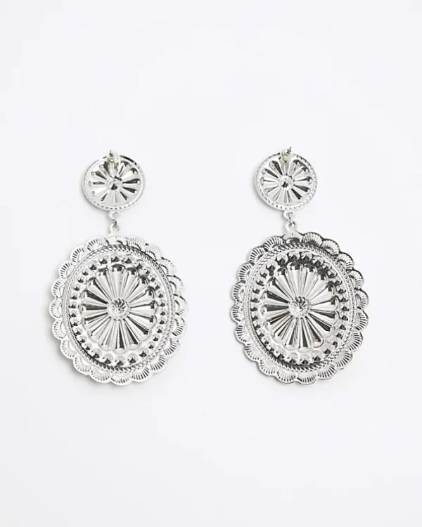 Silver Textured Disc Drop Earrings