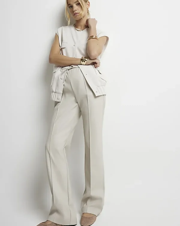 Stone faux leather wide leg trousers