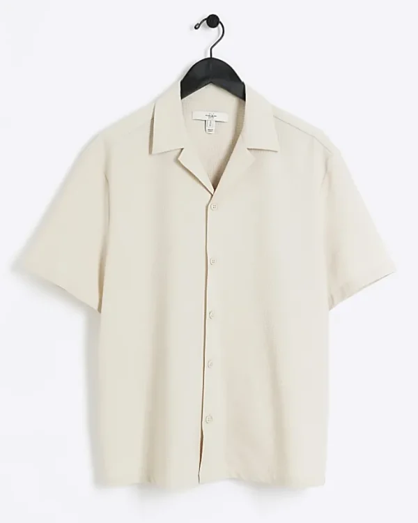 Stone regular fit seersucker revere shirt