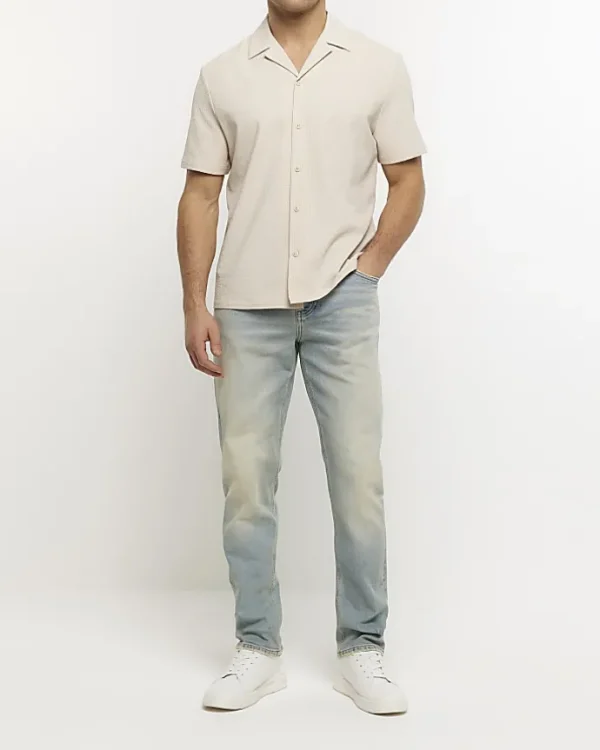 Stone regular fit seersucker revere shirt