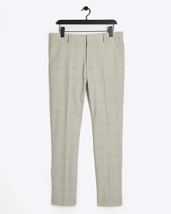 Stone slim fit check suit trousers