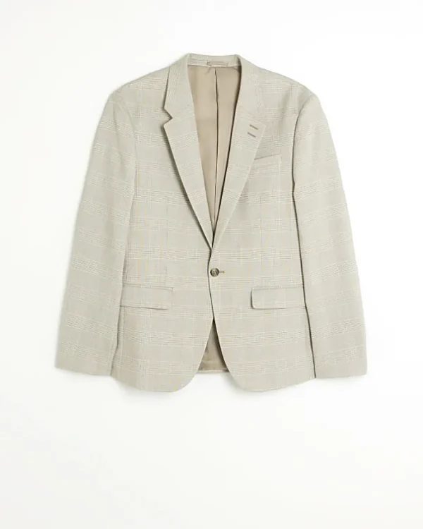 Stone slim fit check suit jacket