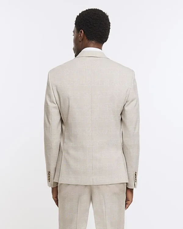 Stone slim fit check suit jacket