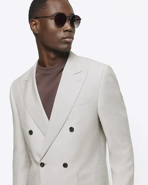 Stone slim fit linen blend suit jacket