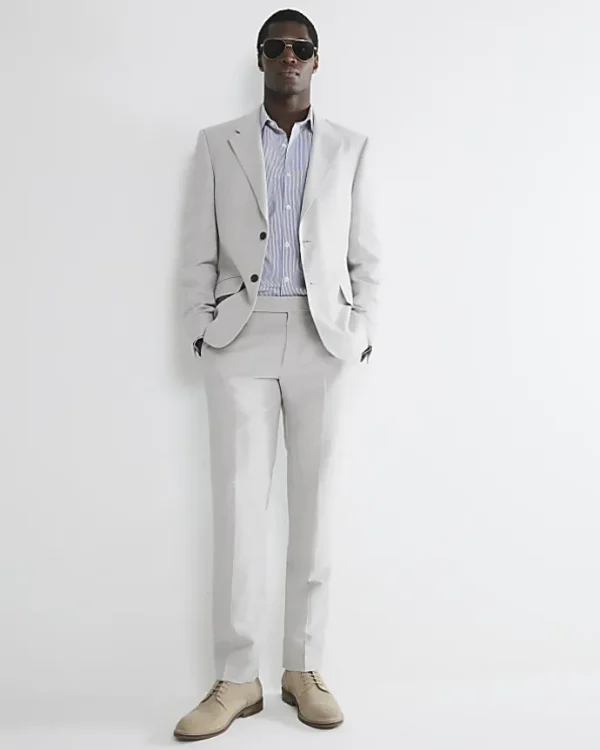 Stone slim fit linen blend suit jacket