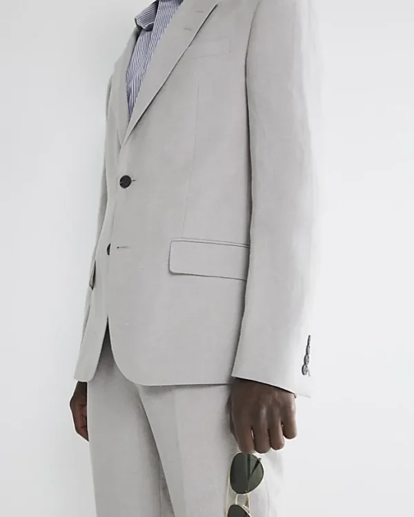 Stone slim fit linen blend suit jacket