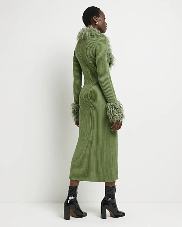 Tall green faux fur bodycon midi dress