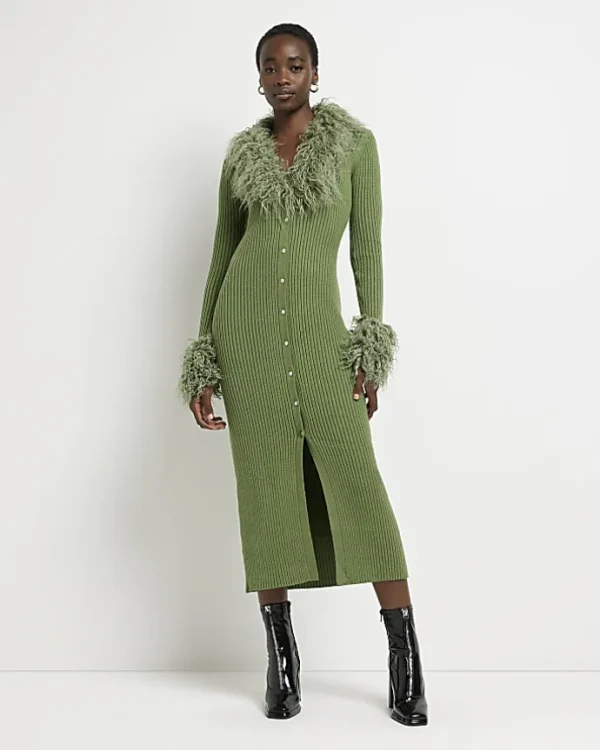 Tall green faux fur bodycon midi dress