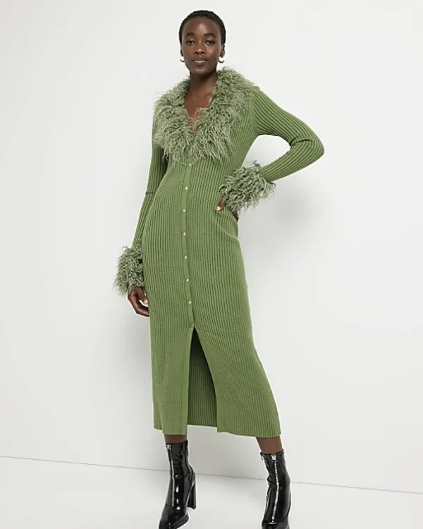 Tall green faux fur bodycon midi dress