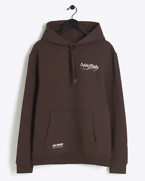 Washed brown regular fit graphic hoodie