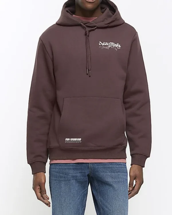 Washed brown regular fit graphic hoodie