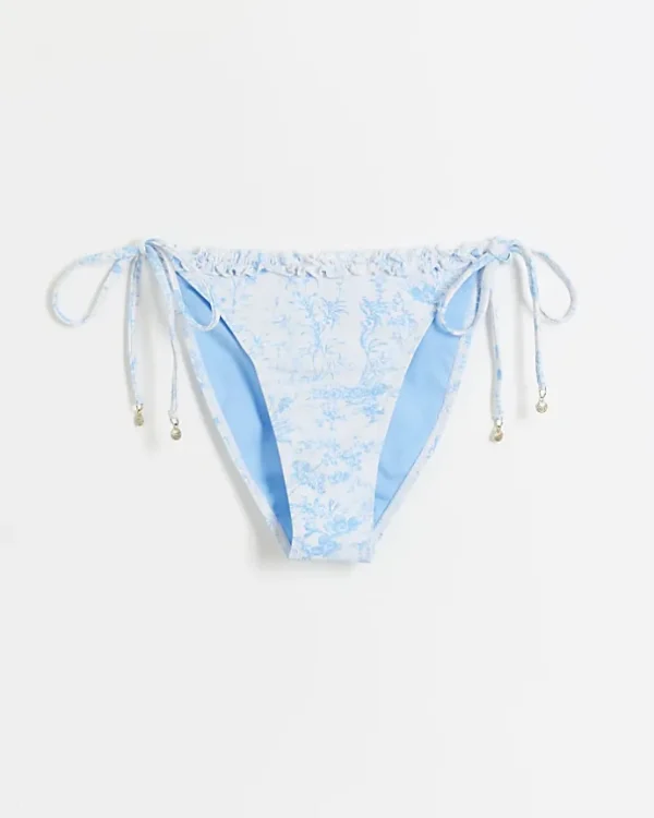 White floral frill tie side bikini bottoms